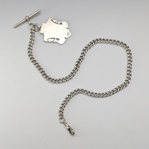 Circa 1919 British Antique Sterling Silver Albert Chain, 53g, Sterling Silver Medal Fob